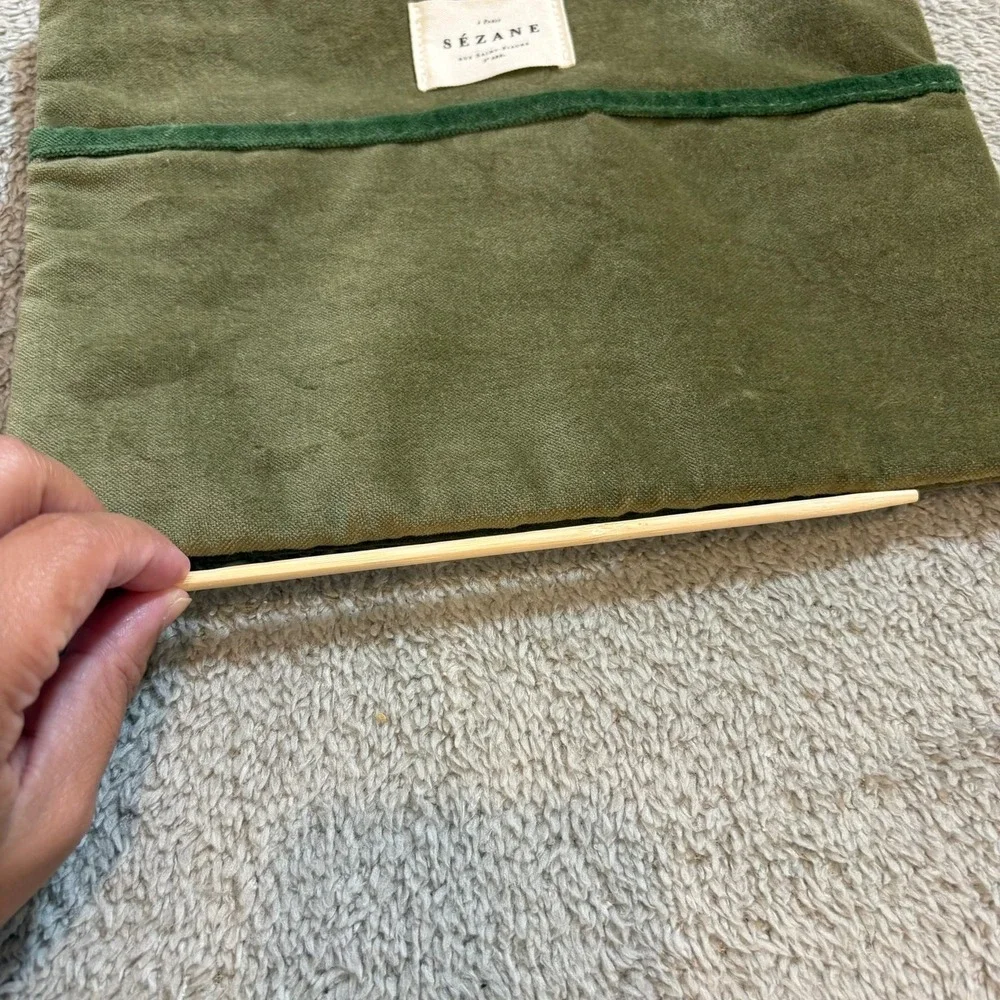 Sezane Olive Green Cotton Velvet Zippered Pouch Makeup Bag Clutch Travel - Picture 9 of 10